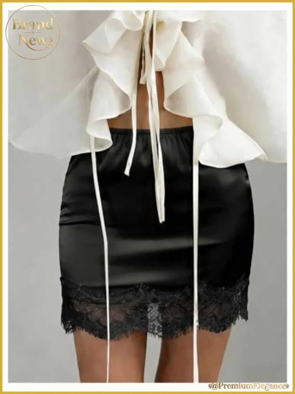 Satin Mini Slip Skirt with Lace Trim Elastic Waist Asymmetrical